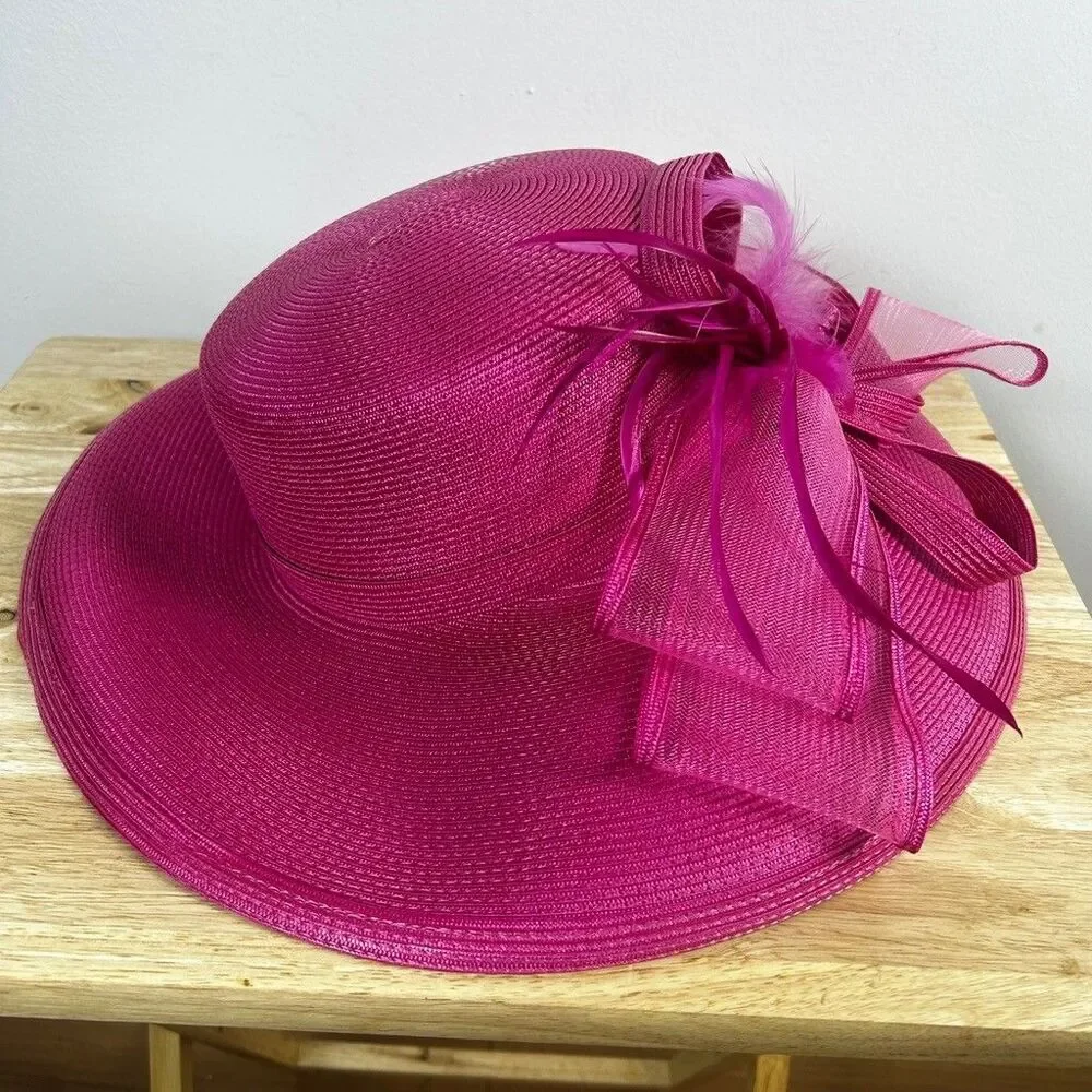Fine Millinery Collection Pink Straw Derby Hat Kentucky Wedding Wide Brim